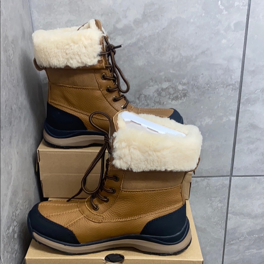 UGG Tan and Black Shearling-Cuff Lace-Up Winter Boot
